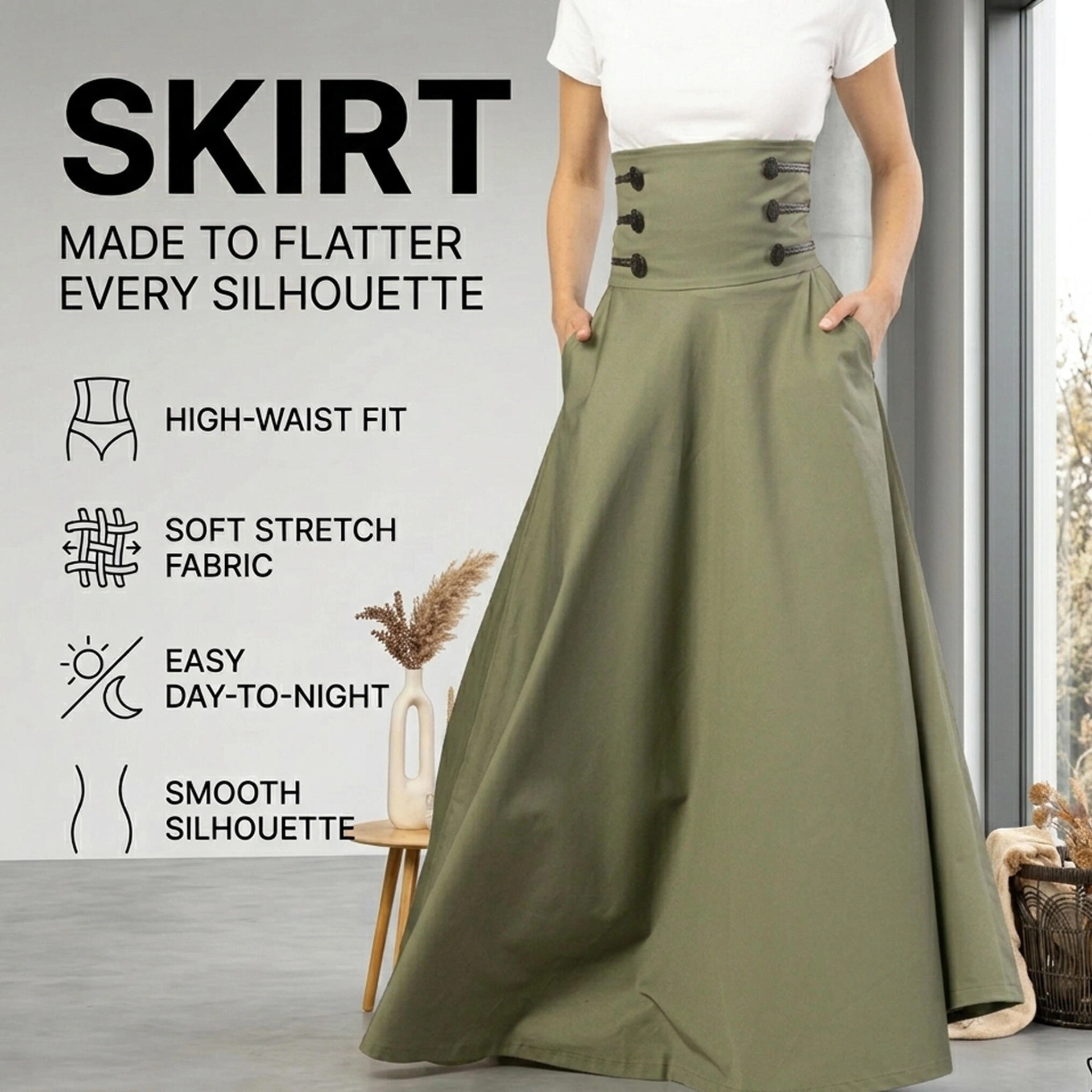 AI-generated product infographic for a skirt with fabric and fit callouts