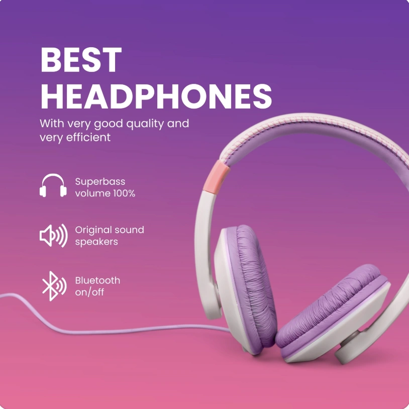 AI-generated product infographic for headphones with battery and sound callouts