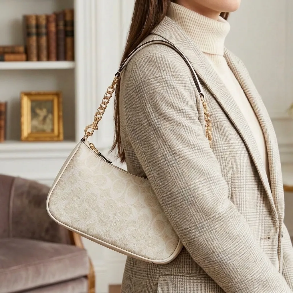 AI-generated lifestyle photo of a handbag carried by an AI model on a street