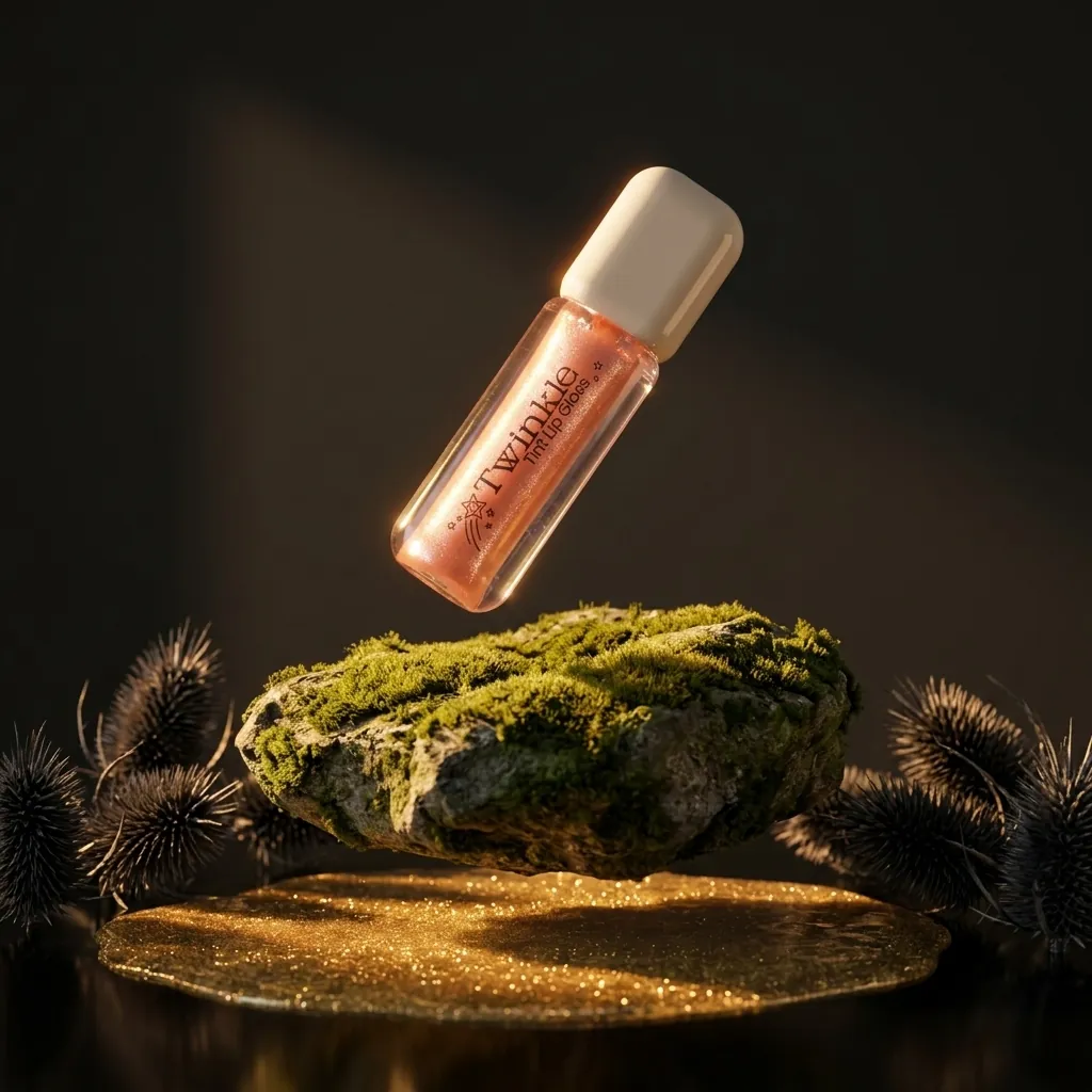 AI product photography hero shot of a twinkle lip gloss tube on a clean background
