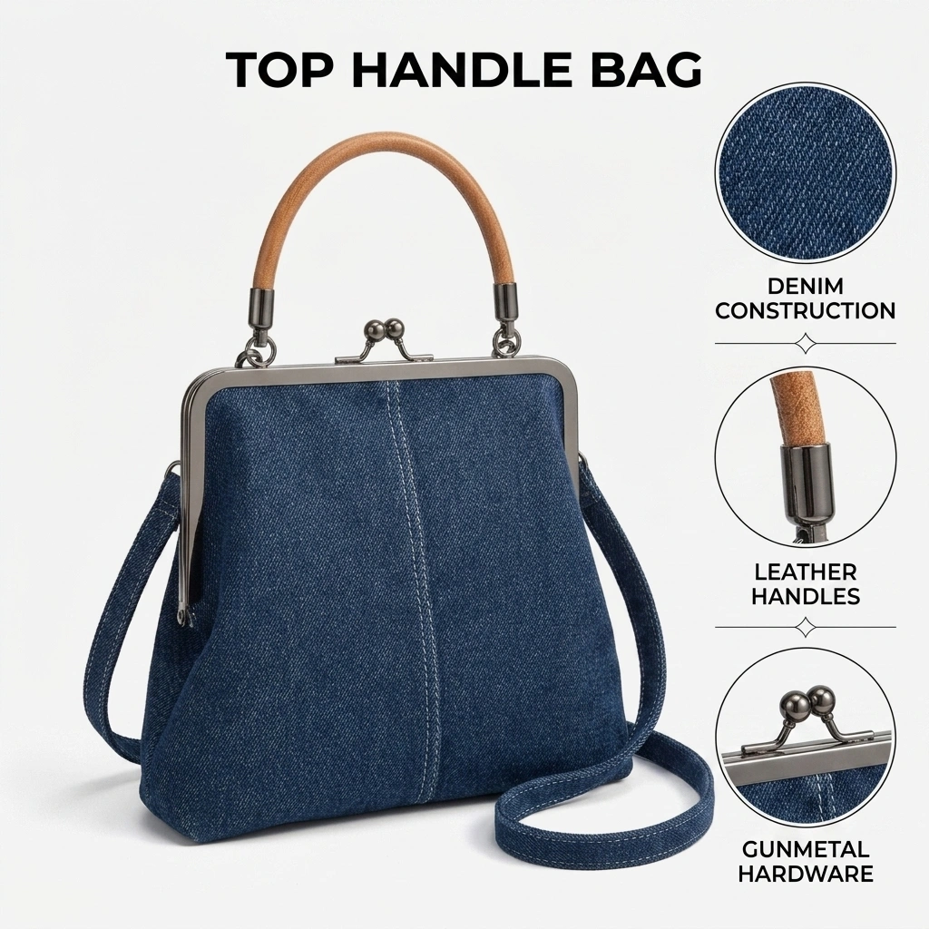 AI-generated product infographic for a handbag with dimension callouts