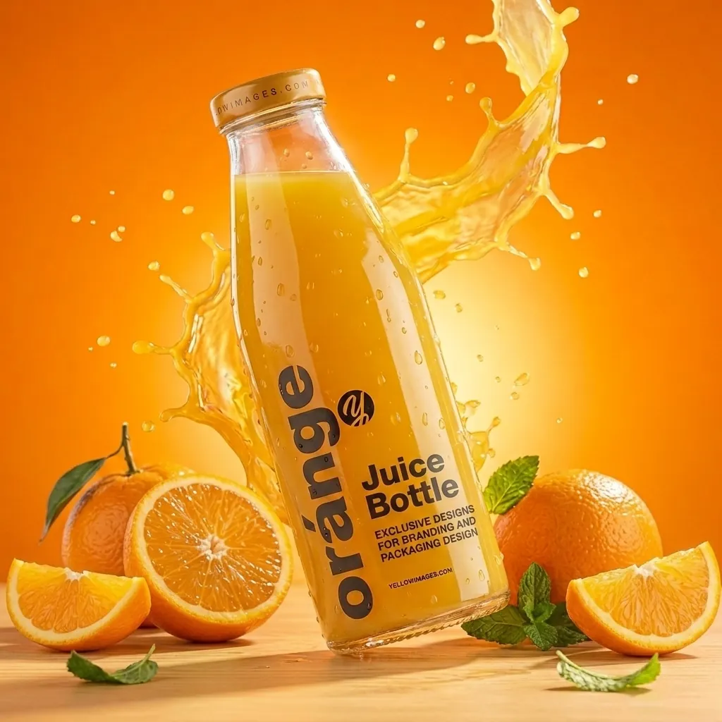 AI product photography hero shot of an orange juice bottle on a clean background