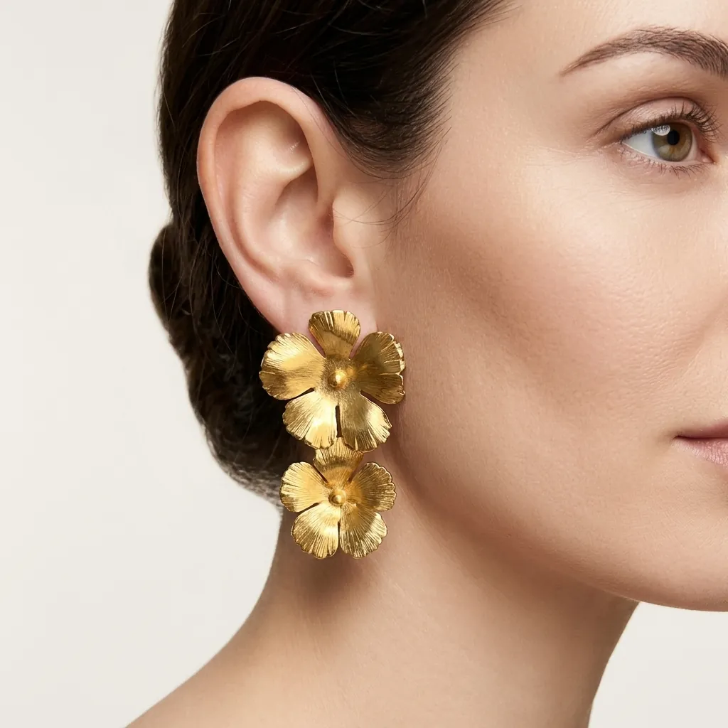 AI-generated lifestyle photo of flower drop earrings worn on an AI model