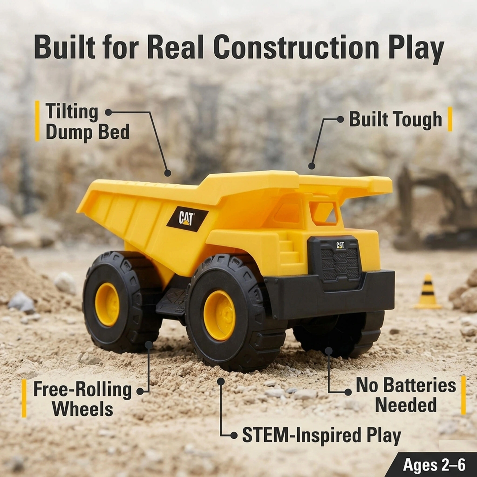 AI-generated product infographic for a toy truck with feature callouts