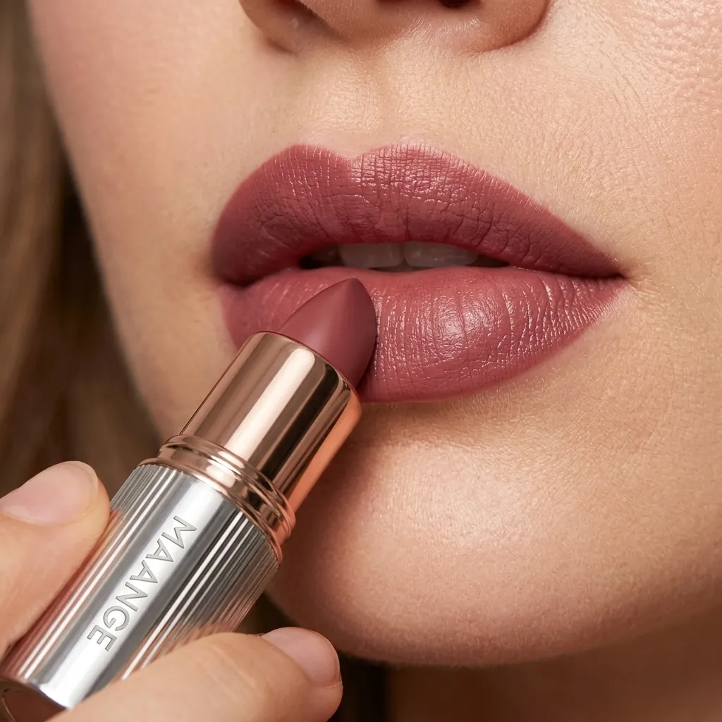 AI-generated lifestyle photo of a lipstick being applied by an AI model